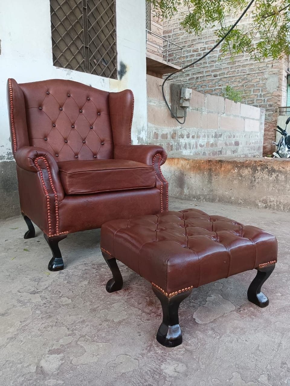 Ribbed Cognac Leather Studio Bench view